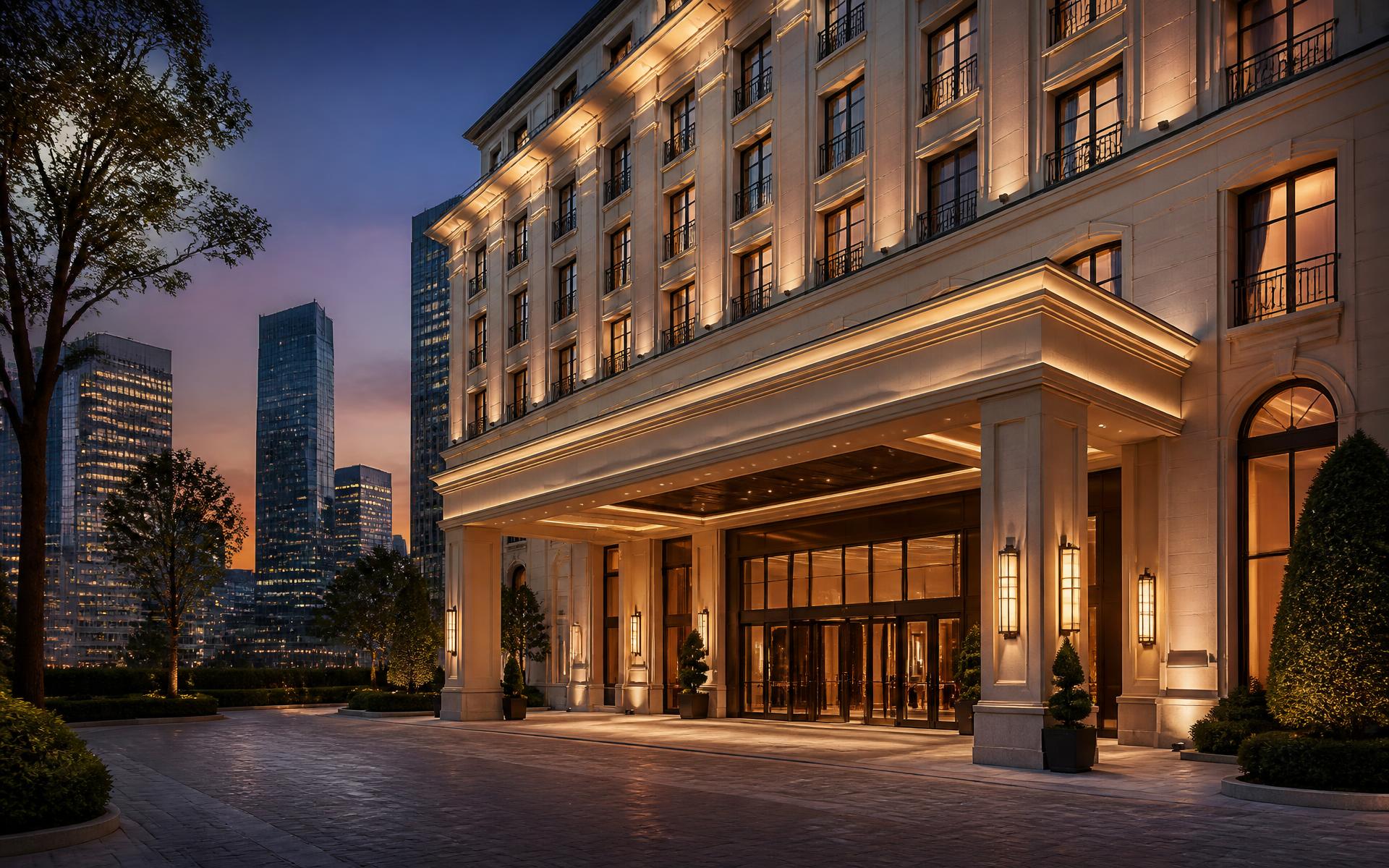The illuminated facade of Continental Hotel at dusk