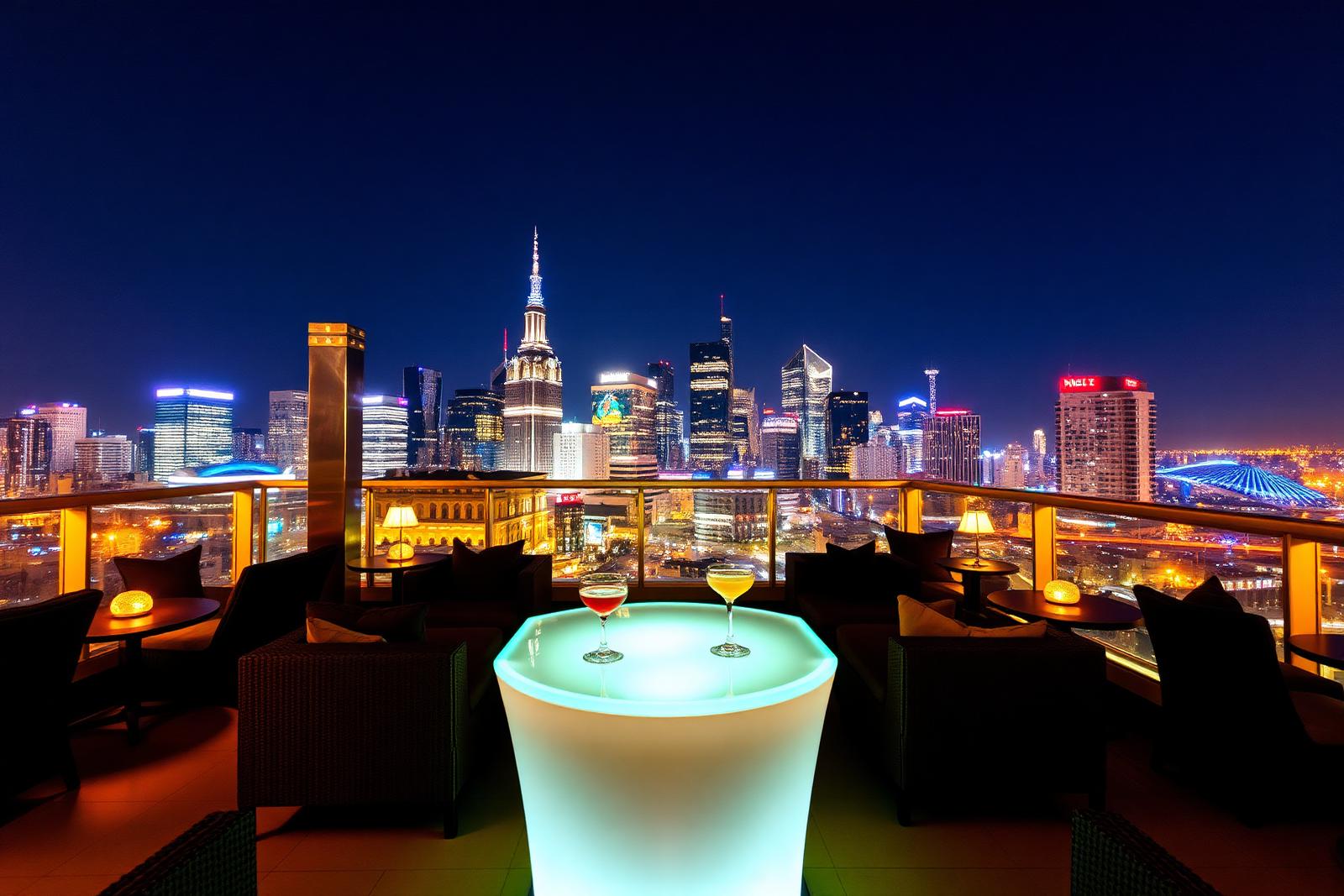 The rooftop lounge overlooking the skyline